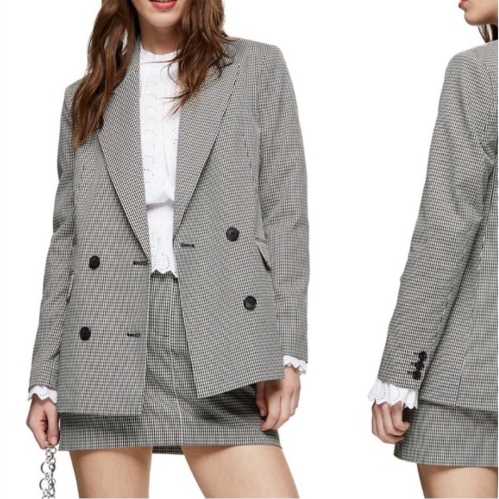 Topshop Mini Dogtooth Double Breasted Blazer in Black Multi
